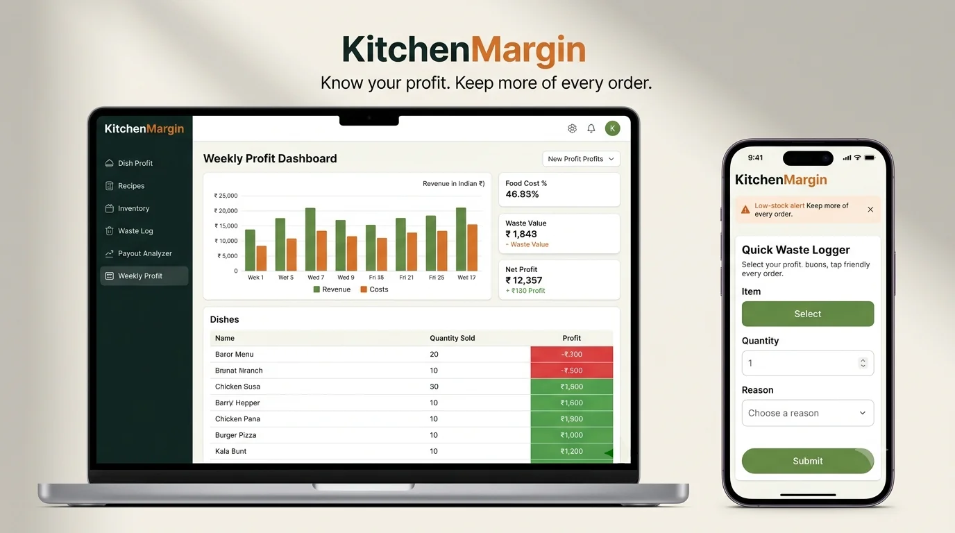 KitchenMargin Weekly Profit Dashboard on laptop and Quick Waste Logger on phone